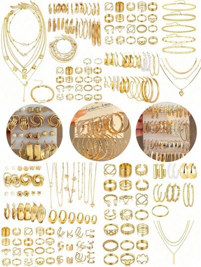 37-68pcs Elegant Vintage Butterfly, Heart, Faux Pearl, Twist Knot, Star, Moon, Rhinestone, Wide Ring, Snake Chain, Braid Chain, Geometric C-Shape Earrings, Necklace, Ring, Bracelet Jewelry Set, Suitable For Holidays, Parties, Daily Wear, Holiday Gifts