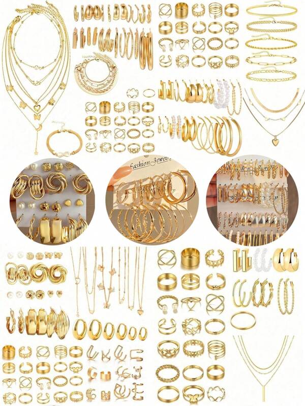 37-68 piezas Elegante conjunto de joyería vintage con mariposas, corazones, perlas falsas, nudos retorcidos, estrellas, lunas, rhinestones, anillos anchos, cadenas de serpiente, cadenas trenzadas, formas geométricas en C, aretes, collares, anillos y pulseras, adecuado para fiestas, uso diario y regalos festivos