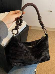 1pc Cloud-Shaped Crossbody Bag, Unique Dumpling Design, Made Of Velvet Material - Black - View 6