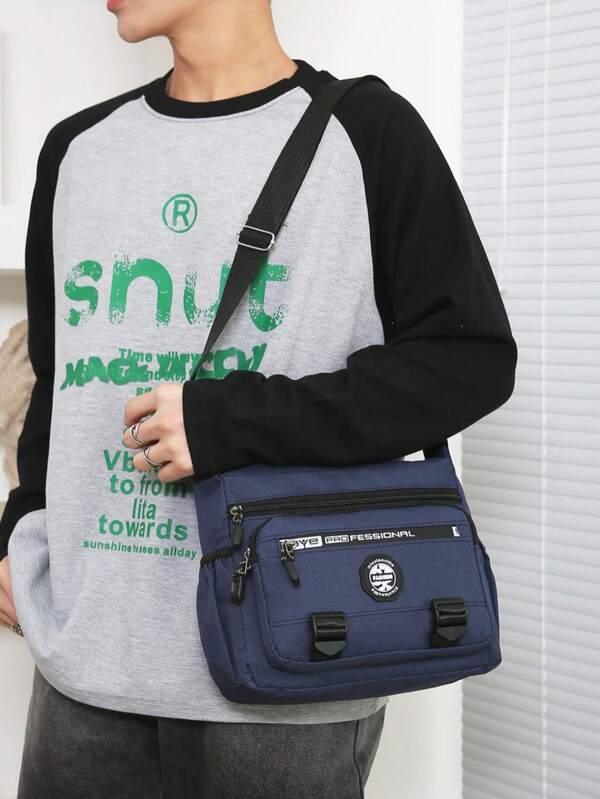 1pc Men's Large Capacity Shoulder Bag, Multi-Pocket Messenger Bag, Business Casual Backpack For Men, Black & Green, Multi-Purpose Layered, Lightweight