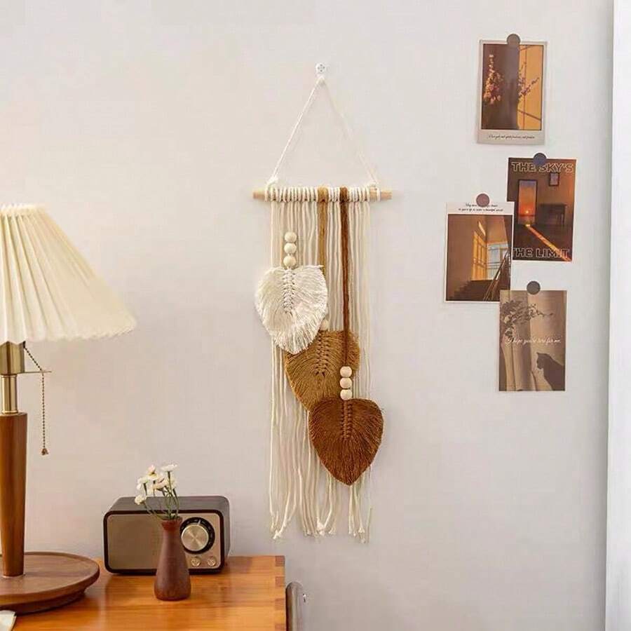 1pc Macrame Wall Hanging Bohemian Style Wall Decor Handmade Leaf Wooden Bead Tassel Wall Tapestry Background Wall Hanging - Multicolor - View 1