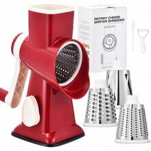 3-In-1 Rotary Food Processor - Manual Cheese Grater & Vegetable Slicer Set With Interchangeable Blades, Professional Grade For Kitchen/Restaurant, Effortless Shredding For Hard Cheese, Nuts, Chocolate Blocks - RedWhite - View 1