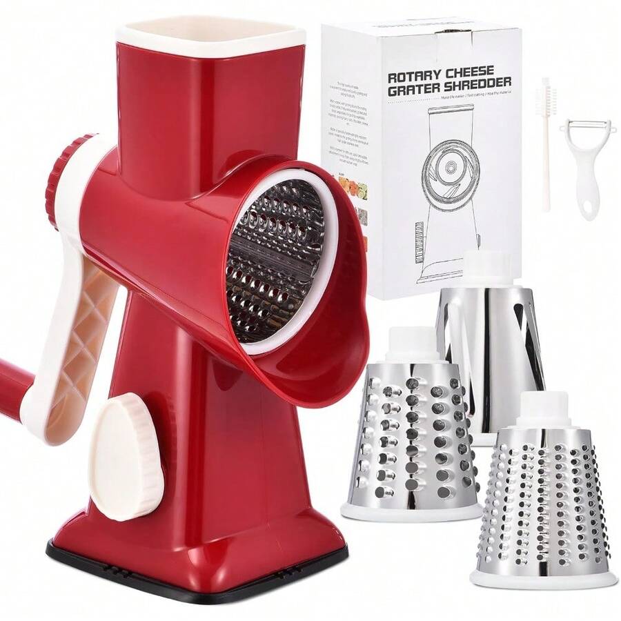 3-In-1 Rotary Food Processor - Manual Cheese Grater & Vegetable Slicer Set With Interchangeable Blades, Professional Grade For Kitchen/Restaurant, Effortless Shredding For Hard Cheese, Nuts, Chocolate Blocks - RedWhite - View 1