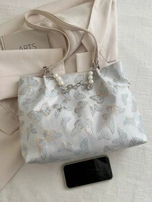 Frühlings-Neuheit, einfache unifarbene Schmetterling Damen Shopper Tasche mit großer Kapazität und Perlenkette - Blau - Übersicht 3