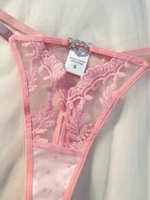 Sweet Pink Floral Embroidery Sexy Lingerie Set, Semi-Sheer Underwire Bra And V-Neck Adjustable Thong, Bold Feminine Charm With Heart Clasp Front Single-Layer Crop Top And Panties, Shapewear And Everyday Intimates - 粉色 - 查看 5
