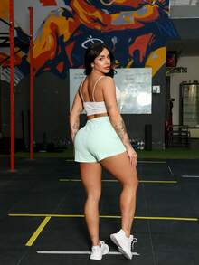 Double Zipper Shorts With Pocket Gym Athletic Leggings Wide Waistband - Mint Green - View 2