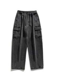 CARGO JEANS Pants With Side POCKET Adjustable Waist Wide Long Unisex - Grey - View 3