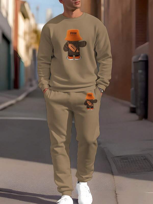 Sudadera y pantalón de chándal de cuello redondo con estampado personalizado para hombres, de primavera/otoño, de moda casual y versátil para hacer ejercicio, correr, cenar y entretenerse