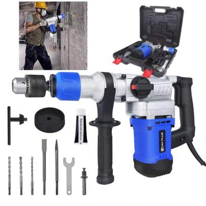 Royalswill 2000w Electric Demolition Portable Drill Jackhammer Concrete Drill Breaker Kit 360° Swivel Handle, Electric Drill, 6 Variable Speed With Grease, Chisel, Bit