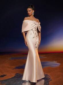 Elisanya Đầm dạ hội dài đuôi cá hở vai đính hoa đính sequin sang trọng Anymoon - Rượu sâm banh - Xem 1