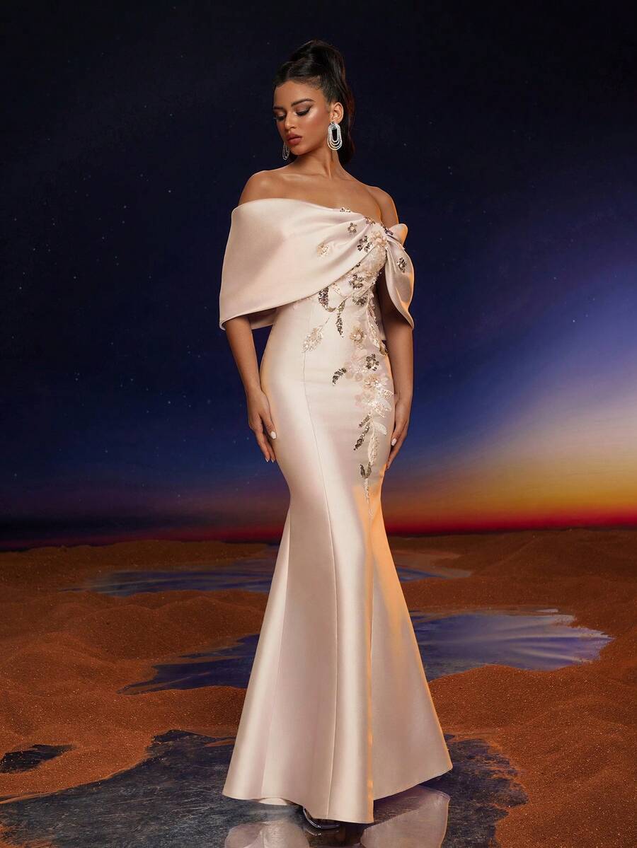 Elisanya Đầm dạ hội dài đuôi cá hở vai đính hoa đính sequin sang trọng Anymoon - Rượu sâm banh - Xem 1