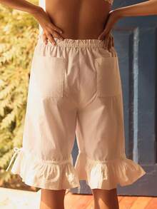 Women Lace Trim Long Elastic Mid Rise Ruffle Pantaloons Cropped Flared Slips Pants Pajama - 白色 - 查看 4