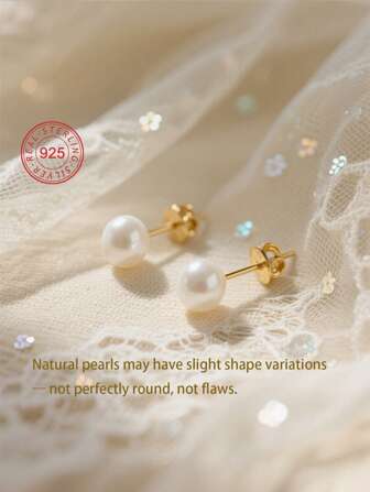 Artepollo 1 Pair 925 Sterling Silver Hypoallergenic Natural Pearl Stud Earrings, Gift Box, Cute & Elegant, Suitable For Daily Or Holiday Wear, Gift For Girls, Friends, Back To School