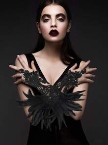 Elegant Black Lace Sleeves With Feathers - Finger Loop Gloves For Prom, Banquet & Dance Parties, Halloween Cosplay Accessory, Chic Evening Wear Accent - Multicolor - View 4