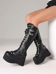 Y2K Goth Knee High Boots For Women Fashion Punk Buckle Lace-Up Platform Wedges High Heels Party Cosplay Street Boots Woman - 黑色 - 查看 3