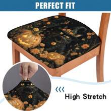 1/4/6/40 piezas Fundas de silla con estampado de gatitos, murciélagos y calabazas de temática de Halloween, de fibra de leche elástica y extraíble, para sillas de restaurante, cocina, comedor, hotel - Fundas de cojín de silla cuadradas extraíbles y suaves