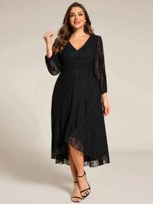Elegant Lace V Neck Sheer Long Sleeves Midi Wedding Guest Dresses Formal Dresses For Bridesmaid