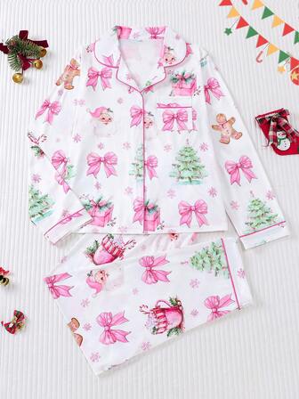 2pcs Christmas Print Pajama Set For Women, Comfortable Long Sleeve Shirt With Collar & Buttons, Chest Pocket, Loose Elastic Waist Pants, Christmas Tree & Santa Claus Elements, Sleepwear For Holiday Party, Casual Outdoor & Indoor Warm Loungewear, Fall Winter Clothes