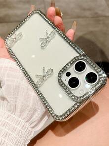 Bow-Knot 1pc Fashionable New Luxury Transparent Frame Rhinestone Bow Creative Shockproof Phone Case Cover Suitable For IPhone11/12/13/14/15/16/PRO Smartphones - Silver - View 4
