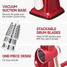 3-In-1 Rotary Food Processor - Manual Cheese Grater & Vegetable Slicer Set With Interchangeable Blades, Professional Grade For Kitchen/Restaurant, Effortless Shredding For Hard Cheese, Nuts, Chocolate Blocks - RedWhite - View 6
