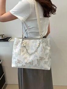 Frühlings-Neuheit, einfache unifarbene Schmetterling Damen Shopper Tasche mit großer Kapazität und Perlenkette - Blau - Übersicht 2