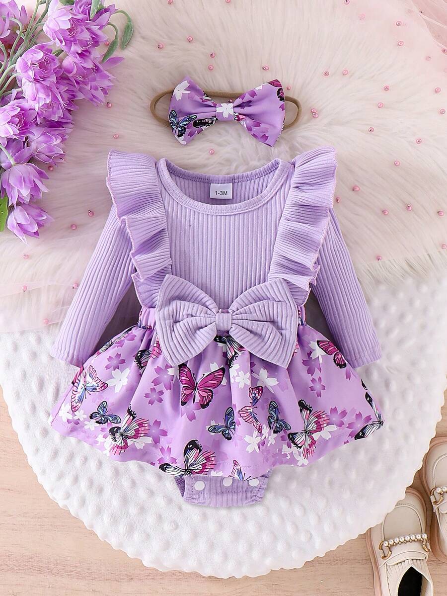 Baby Girl 2pcs Set Sweet Butterfly & Flower Print Ruffle Hem Long Sleeve Bodysuit Dress With Bow Hair Tie - Purple - View 1