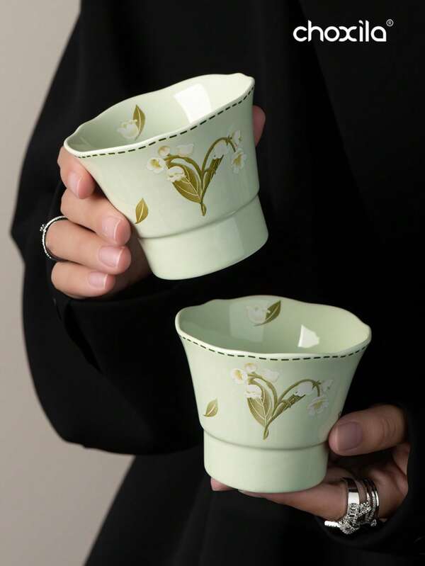 1pc 130ml Vintage Lily Of The Bell Ceramic Tea Cup, Hand-Painted Hand-Held Small Tea Cup, Casual Cup, Afternoon Tea Cup, Suitable For Entertaining Guests, Small Capacity Coffee Cup, Home Cup, Restaurant Hand-Held Cup Saudi Arabia's National Day