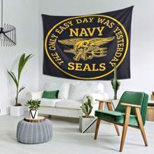 Navy SEALs Tapestry Wall Hanging - Bold Yellow Text & Emblem On Black Background, Peach Light Beige Polyester Fabric, Horizontal Home Decor For Bedroom, Living Room, Office - Military Pride Gift For Service Members & Veterans, Patriotic Design, Highquality Print, Patriotic Gifts, Bedroom Decoration, Premium Fabric, Armed Forces Fans