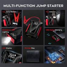 Arrancador portátil de coche con compresor de aire, luz LED de emergencia y batería externa - Carga rápida para teléfonos, portátiles, coches, camiones, autocaravanas y talla grande - Incluye bolsa de almacenamiento, cargador de batería de vehículo | Batería compacta | Características avanzadas, arrancador portátil de batería de coche