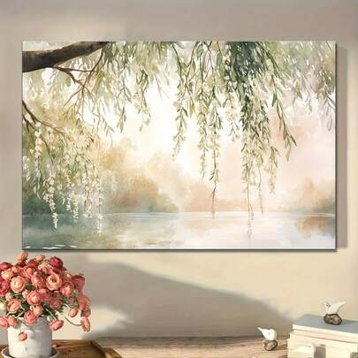 1pc Wooden Framed Canvas Tree, Landscape Print, Watercolor Style Artwork For Living Room, Calming Nature Home Decor, Elegant Botanical Design, Ready To Hang, Gallery Wrapped Canvas Print