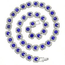 Alloy Necklace Round Rock Candy Blue Sapphire Cuban Chain Light Luxury Style Personality Unisex Sugar Cube Clavicle Necklace - 銀色8inch(藍鑽) - 查看 13