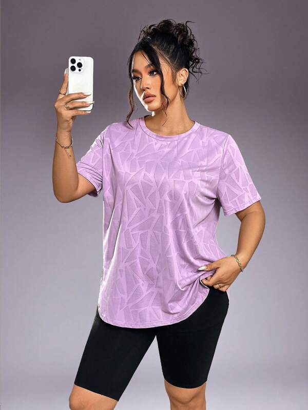 1 pieza Camiseta deportiva casual de talla grande para mujer, cuello redondo con bajo curvo, para verano