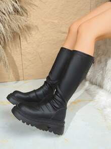 Giày bốt Punk đế dày gợi cảm, ấm áp, mũi tròn, đa năng, cao đến bắp chân, có khóa kéo phía sau dành cho nữ - màu đen - Xem 7
