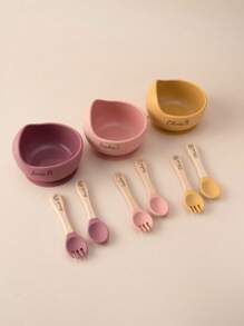 3件套个性化定制名字和图案婴儿硅胶吸盘碗木柄叉勺定制餐具套装适用于婴幼儿餐具