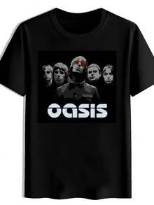 Camiseta gráfica para hombres OASIS - Impresión de banda de rock retro negra. Cuello redondo casual de manga corta. Top de poliéster de verano. Camiseta de moda para amantes de la música - Negro - Ver 1