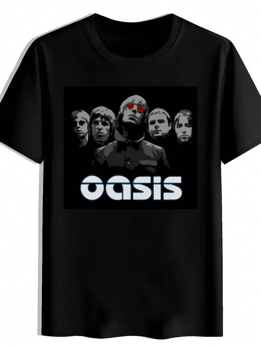Camiseta gráfica para hombres OASIS - Impresión de banda de rock retro negra. Cuello redondo casual de manga corta. Top de poliéster de verano. Camiseta de moda para amantes de la música - Negro - Ver 1
