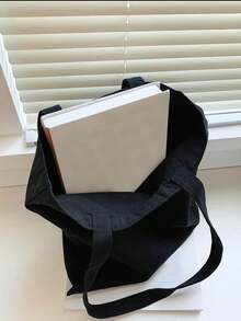 1pc Fashionable Casual Versatile Black Canvas Shoulder Bag, California Coconut Tree Beach Vacation Style - Black - View 5