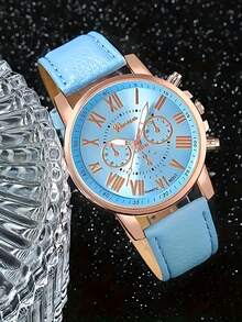 1/14pcs Women's PU Leather Strap Minimalist Three-Eye Roman Scale Dial Quartz Watch Set, Gift For Lover (No Box) - Rose Gold - View 6