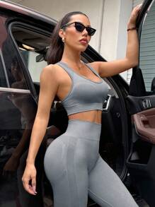 无缝瑜伽基本款运动背心和紧身裤 - 淺灰色 - 查看 3