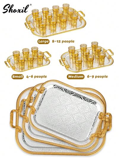 shoxil 1 chiếc khay kiểu Trung Đông viền vàng có tay cầm, khay đựng đồ thích hợp để đựng ấm cà phê, tách/ly trà, cũng có thể dùng làm khay phục vụ, khay trưng bày thực phẩm, khay trang trí, phù hợp cho trang trí phòng khách, phòng ăn, phòng trà, làm quà tặng, trang trí quán cà phê.