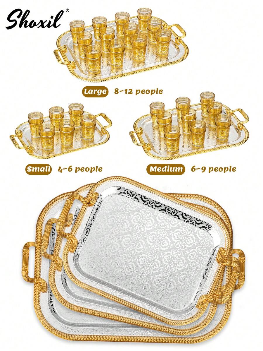 shoxil 1 件中东风格金色镶边托盘带手柄，储物托盘适用于存放咖啡壶和咖啡杯/茶杯，托盘，食物展示盘，用于存放饰品的装饰托盘，适用于客厅展示，餐厅招待，茶室装饰，送礼，咖啡厅装饰 - 托盤 - 查看 1