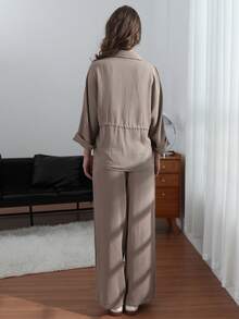 HH 女士裤子套装纯色七分袖翻领抽绳设计休闲宽松上衣+松紧腰阔腿长裤