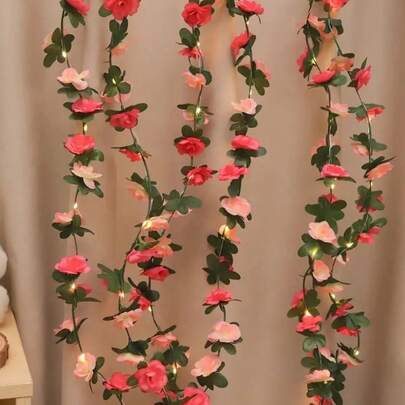 1pc 6.56ft/2m 20 LED Rose Vine String Lights, Battery Powered (Batteries Not Included), Artificial Flower Warm Lighting, Suitable For Indoor Home, Birthday Party, Wedding, Dance, Mother's Day, Thanksgiving, Christmas Romantic Decor Hanging Fake Vine Lights