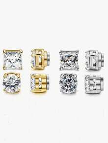 4 件简约方晶锆石装饰磁性夹式耳环，男士日常配饰时尚珠宝礼物 - 男士耳夾倆件套 - 查看 9