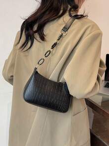 女士简约时尚高端设计鳄鱼压纹绗缝迷你单肩包 - 黑色 - 查看 3