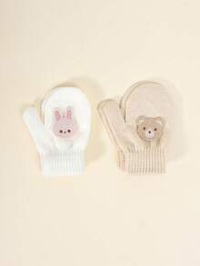 2双幼儿秋冬高弹力针织保暖手套，婴儿童可爱刺绣连指手套，宝宝防抓/咬手套，适合日常休闲穿着和冬季保暖单层手套 - 2雙 - 查看 15