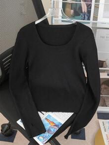 女士轻薄简约方领长袖上衣，修身下摆，春季新品，适合居家、通勤、约会、街头穿搭，时尚百搭黑色 - 黑色 - 查看 5