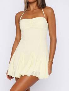 Women's Summer Halter Dresses Sleeveless Ruffle Hem A Line Swing Loose Mini Dress - Màu vàng - Xem 2