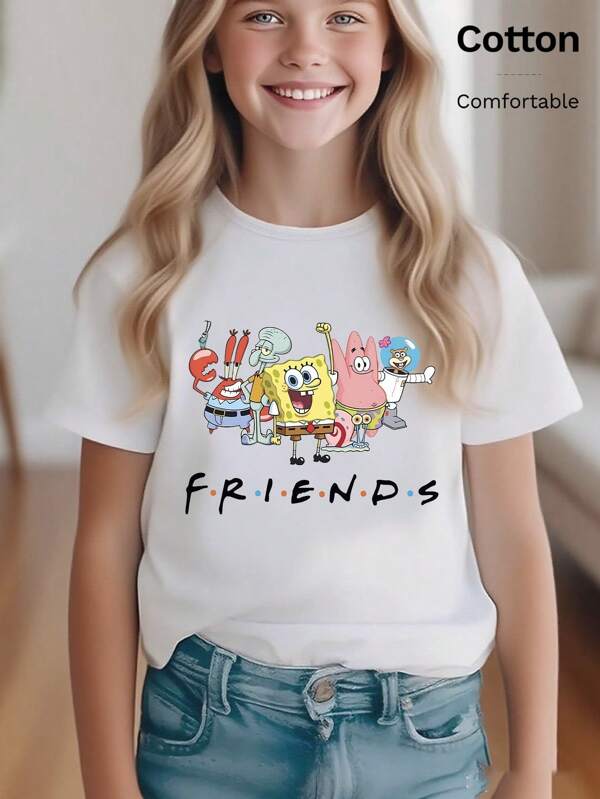 SPONGEBOB SpongeBob SquarePants, geribbeld katoenen meisjes T-shirt, college-stijl lente en zomer nieuwe sporttopjes gedrapeerde zachte ademende kindertopjes met korte mouwen