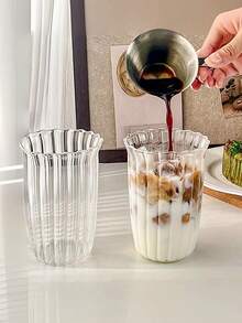 1件/2件/4件 420毫升 14.2盎司竖条纹玻璃杯，花形水杯，冰咖啡杯，饮水杯，透明玻璃杯，玻璃水杯，高硼硅玻璃杯，耐高低温 - 無色 - 查看 4